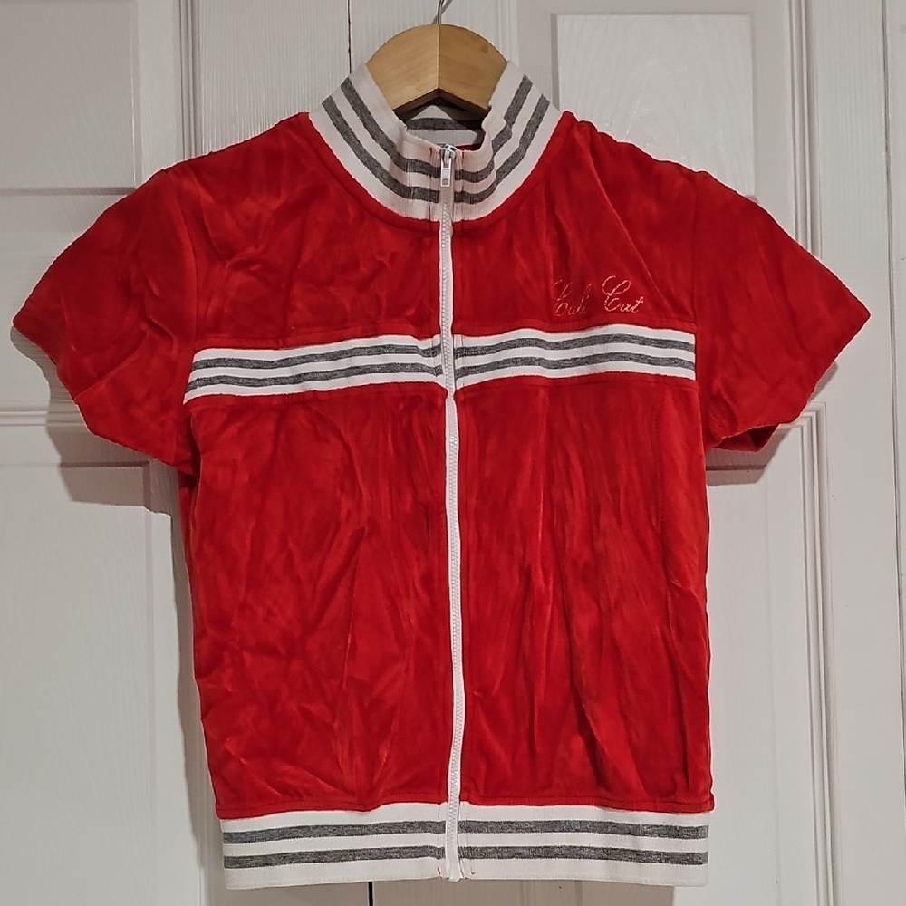 Calicat Red Velour Zip-Up Track Jacket | Short Sleeve | Size L